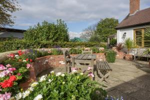 德罗伊特威奇Bay Tree Cottage的一个带长凳和一束鲜花的花园