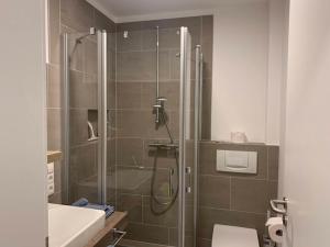 霍鲁梅尔希尔施密特霍恩酒店的带淋浴、卫生间和盥洗盆的浴室