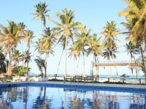 帕杰Cristal Resort的棕榈树和大海的游泳池