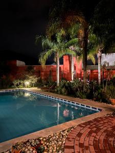 弗洛里亚诺波利斯Janela de Marcia Bed and Breakfast的棕榈树的夜间游泳池