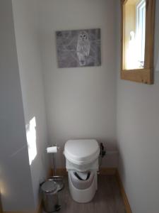 ClintonSerene Westside Tiny Cabin的浴室设有卫生间,墙上挂着一幅画