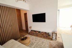 多纳瓦利Björg Apartment & Sauna的客厅设有壁炉,上面配有电视