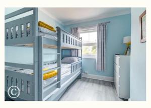 斯沃尼奇Charming 3-Bed Cottage in Swanage的一间拥有蓝色墙壁的卧室和一张双层床
