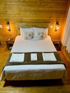 坎巴拉Pousada Costaneira的一间卧室配有一张带木墙的大床
