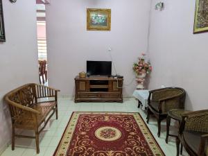 Kampong KelemakAryani Homestay的客厅配有电视、椅子和地毯。