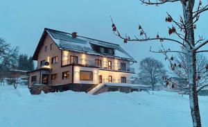 陶普利茨Haus Stadler - Self Check-in的大房子,有灯光,在雪中
