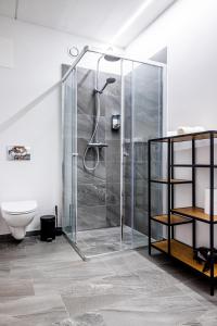 森讷堡Hotel Sønderborg Kaserne的浴室设有玻璃淋浴间和卫生间