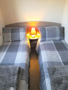 米勒姆3 Bedroom Modern Caravan Sleeps up to 8的两张床位于带灯的房间。