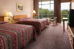 卢雷卢雷洞穴汽车旅馆的酒店客房设有两张床和窗户。