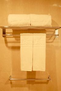 美娜多狮子广场酒店的浴室提供毛巾架上的2条毛巾