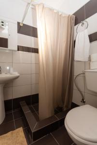 圣马太奥斯Serenity House的带淋浴帘和卫生间的浴室
