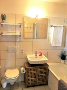 希尔克道夫Hygge-skandinavisch-mit-Kamin-und-Sauna的浴室配有盥洗盆、卫生间和浴缸。