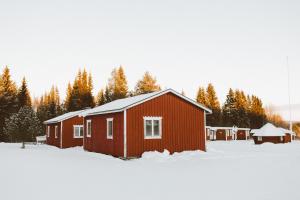 ÅseleLappland Pro Natur的雪中的一个红谷仓,有树在后面