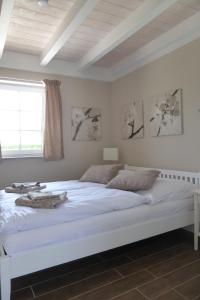 TeßmannsdorfFerienhäuser Salzhaff-Romantik的白色卧室内的一张白色床,设有窗户
