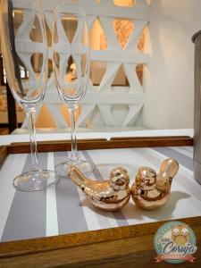 里约热内卢Casa da Coruja的两杯酒杯和桌上的鸟碗