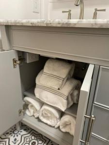 萨默维尔Cottage的洗涤槽下面的橱柜里放着一束毛巾
