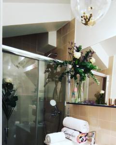 戛纳CANNES TOIT ET MOI的浴室配有带鲜花和毛巾的淋浴