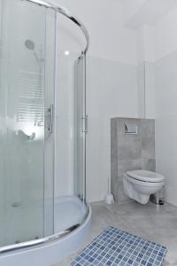 SmolecZielona Dolina 2020的一间带玻璃淋浴和卫生间的浴室