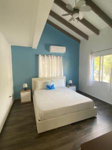 辛普森湾Blue Dream apartments的卧室配有蓝色墙壁上的白色床