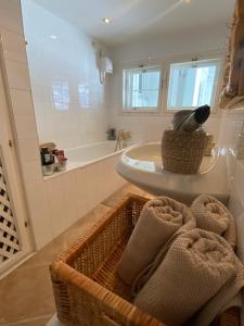 格绍Das Almsternderl - gemütliche Wohnung in Gosau的一间带水槽和一篮毛巾的浴室