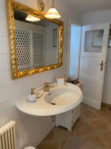 格绍Das Almsternderl - gemütliche Wohnung in Gosau的浴室设有白色水槽和镜子