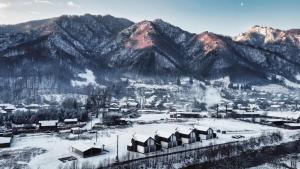 布雷佐伊Complex Lunlo Village的一座被雪覆盖的小镇,以群山为背景