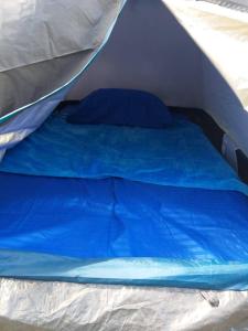 圣玛尔塔La Cima Tayrona的帐篷内的一张床铺,配有蓝色床单和枕头
