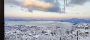尼奥楚里翁Archontiko Zakoni的享有湖泊美景,那里有雪覆盖的树木和房屋