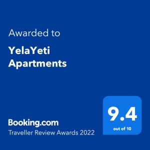 YelaYeti Apartments的证书、奖牌、标识或其他文件