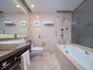 南昌南昌江景假日酒店的带浴缸、盥洗盆和卫生间的浴室