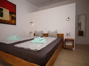 塞萨利内斯S´Hort de Can Carrió的一间卧室配有一张大床,上面有蓝色的毛巾