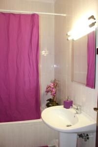 波尔图Oportobestview-Garden的一间带水槽和紫色淋浴帘的浴室