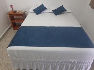 乌巴雅拉Pousada Central-Ubajara Capital do Turismo的一张带蓝色枕头的床和床头柜