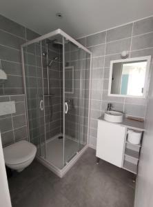 圣马迪拉莫阿布里瓦多酒店的带淋浴、卫生间和盥洗盆的浴室