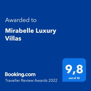 布拉卡Mirabelle Luxury Villas的蓝色的屏幕,文字被授予奇迹豪华别墅