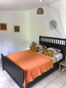 德赛Les Manguiers的一张带橙色毯子和枕头的床