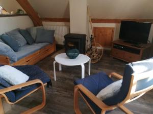 Arrens-Marsousle tourmalet avec bain nordique et sauna en pleine montagne的客厅配有沙发、椅子和电视