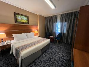 麦地那Saraya Harmony Hotel C的一间设有大床和窗户的酒店客房