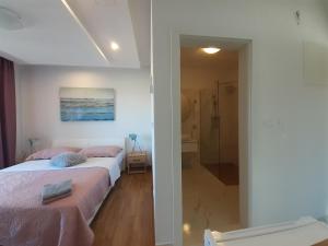 赫瓦尔Barko apartment and rooms的一间卧室配有一张床,浴室设有淋浴。