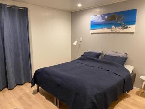 弗莱克菲尤尔Øvstefjellså Gård &Aktivitet Senter的一间卧室配有一张带蓝色毯子的床