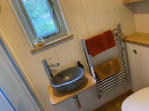 KellingChez Maurice Luxury Shepherds Hut with Bath and Hot Tub的架子上设有碗水槽的浴室