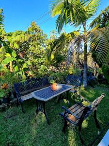 蒂哈拉费伊内斯度假屋的野餐桌、两把椅子和一棵棕榈树