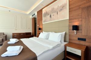 波德戈里察Hotel Lazaro的一间卧室配有一张大床和两条毛巾