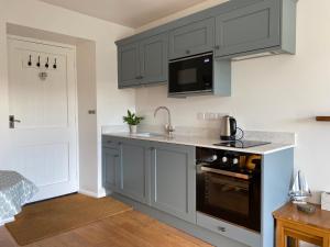 惠特比The Hayloft Cottage的厨房配有灰色橱柜和水槽
