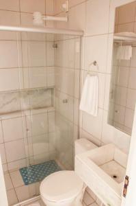 GuamaréHotel Ouro Negro的带淋浴、卫生间和盥洗盆的浴室