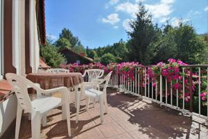 希维拉杜夫-兹德鲁伊Willa Pałacyk的庭院配有白色的椅子、桌子和粉红色的鲜花