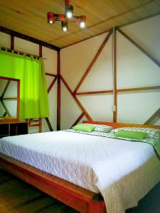 米萨华丽港Rio Napo Lodge的一间卧室配有一张带绿帘的大床