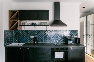杰尔B15-Blue Lagoon的厨房配有黑色橱柜和黑色台面
