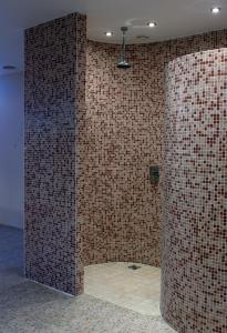 克莱佩达Aismares Hostel的浴室设有带淋浴的瓷砖墙
