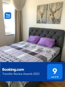 斯科普里Artemis Apartment - nice, family friendly and cozy的一间卧室配有一张带紫色枕头的床